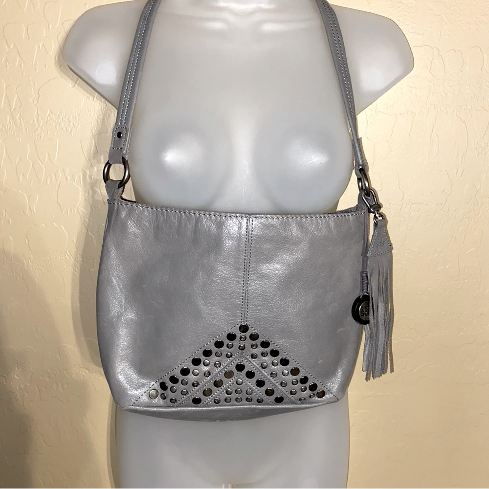 The SAK Silver/Grey Studded Stone Leather Hobo Shoulder Bag/Purse Zip Closure